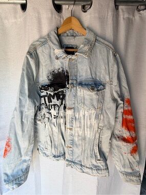 Zara Graffiti Denim Jean Jacket M “Regret Nothing” Painted Street Wear Urban Art